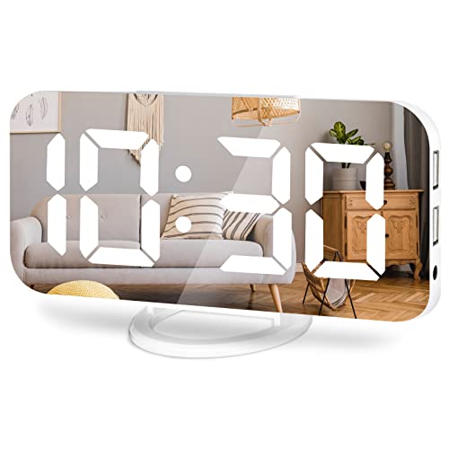 Lamisola Digital Alarm Clock, Large LED Mirror Display, 2 USB Charging Ports，Auto Dim Mode，Modern Design Clock for Bedroom Office, White