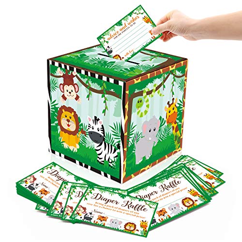Bessmoso 51PCS Safari Baby Shower Card Box Holder and Advice Cards Diaper Raffle Ticket for Safari Jungle Zoo Animals Themed Baby Shower Party Decorations Supplies