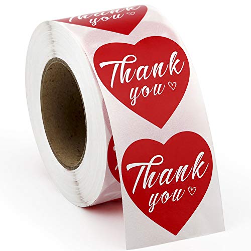 AUTENS Thank You Stickers Labels，1.5″ Heart Shape Paper Thank You Adhesive Labels, Love Shape Stickers Roll for Business Favors Birthday Gift Bags Baby Shower Wedding 500 Labels. (Red, Heart Shape)