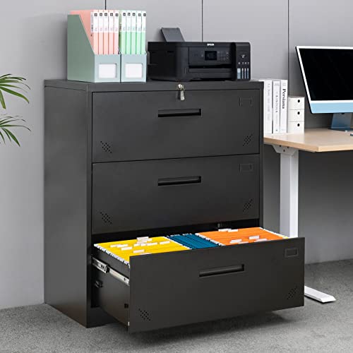GREATMEET Lateral File Cabinet with Lock,3 Drawer Legal Size File Cabinet,Large Metal Lockable Filing Cabinet, File Storage Cabinet for Home Office,Black