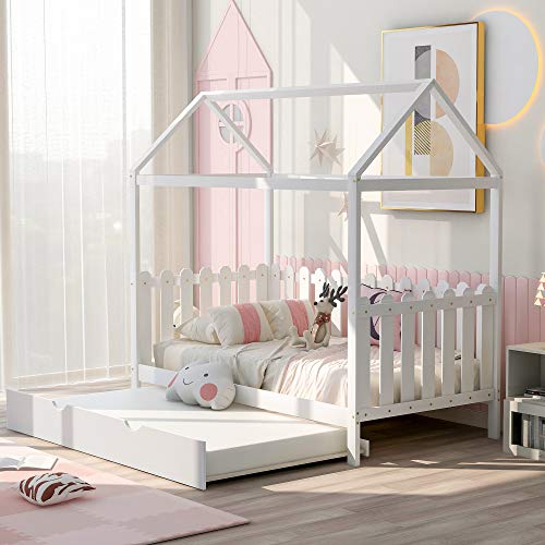 MERITLINE House Twin Bed with Trundle,Twin Size Kids Bed Frame with Roof and Fence, Box Spring Needed