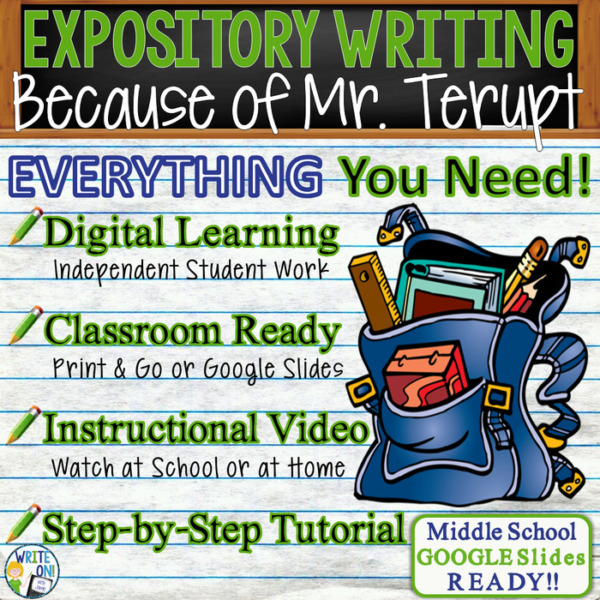 Text Analysis Expository Writing Essay for Because of Mr. Terupt by Rob Buyea | Distance Learning, Remote Learning, In Class, Video, PPT, Worksheets, Rubric, Graphic Organizer, Google Slides