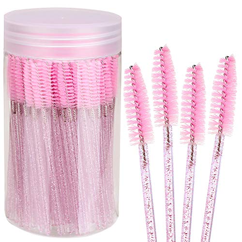 Elisel 100pcs Disposable Mascara Brushes with Container, Mascara Wands Makeup Brushes Applicators Kits for Eyelash Extensions and Eyebrow Brush (Crystal Pink)