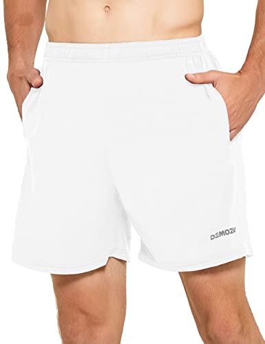DEMOZU Men’s 5 Inch Running Shorts Lightweight Quick Dry Athletic Tennis Workout Gym Shorts with Pockets, White, M