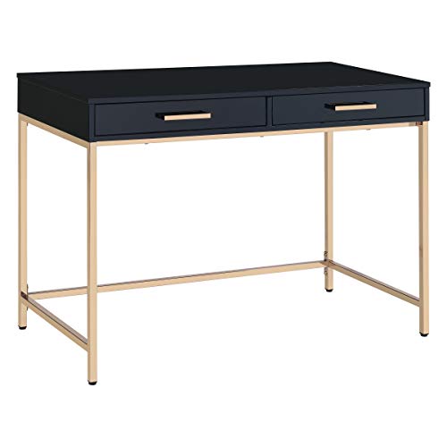 OSP Home Furnishings Alios Modern Writing Desk with 2 Euro-Glide Drawers, Black Gloss Finish and Gold Frame