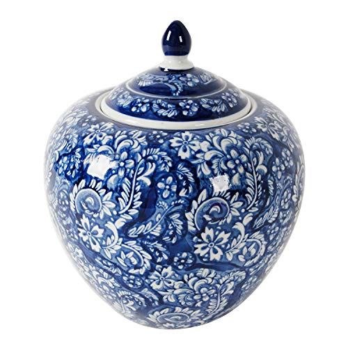 A&B Home 10” Decorative Antique Porcelain Jar with Lid Flower Pot Planter Blue and White Vase Floral Print Centerpiece Home Decor Indoor Outdoor