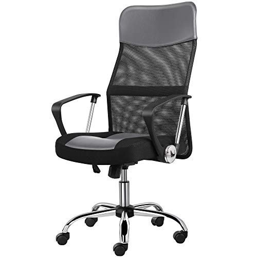 Topeakmart High Back Office Chair Ergonomic Mesh Back Leather Seat Desk Chair Executive Swivel Task Chair Gaming Chair Height Adjustable with Padded Seat, Armrest Gray