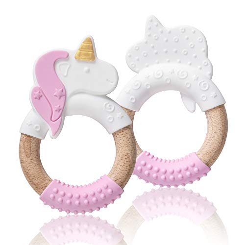 Silicone and Wood Teether Ring in Organic & Natural 100% Food Grade Silicone & Beech Wood, Unicorn Teething Toy (Pink-1pack) | The Storepaperoomates Retail Market - Fast Affordable Shopping