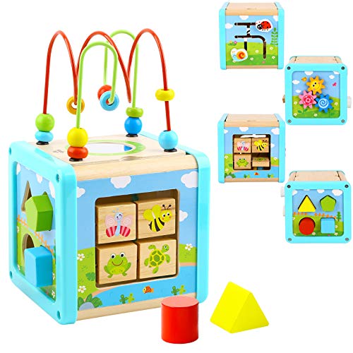 TOOKYLAND Activity Cube Wooden Toys Bead Maze Shape Sorter Learning Developmental Montessori Toys Small Size Gifts for Toddler Kids