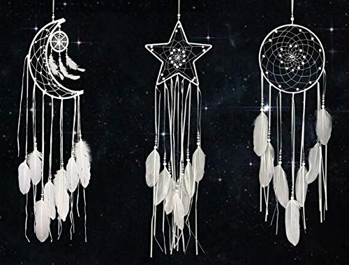 Rozwkeo 3pcs White Dream Catcher Wall Decor Handmade Half Circle Moon and Star Sun Dream Catcher Wall Hanging with Feather for Kids Bedroom Boys Teen Girls Room Nursery Decoration Ornament Craft Gift