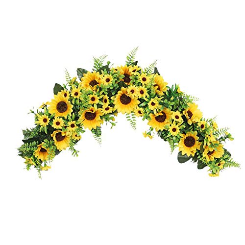 MGQ Artificial Sunflower Swag,27.6 Inch Rustic Artificial Floral Swag Decorative Swag with Sunflowers Green Leaves,Wedding Arch Flowers,Handmade Garland,Front Door Hanging Wreath for Home Garden Decor