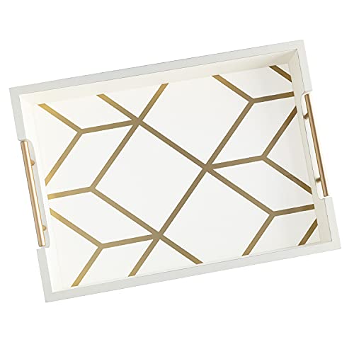 White & Gold Coffee Table Serving Tray with Handles – 16.5 x 12 – Wooden Decorative Ottoman Tray for Serving Food