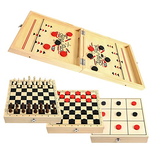 Large 4 in 1 Chess Board Set, Sling Puck Game, Checkers, Tic Tac Toe – Wooden Hockey, Table Games for Family Games, Kids, Adults – 59 pc. Set Super Board Games Fast Sling Hockey Table Game