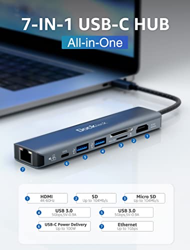 USB C Hub Multiport Adapter, Dockteck 7-in-1 USB-C Hub with 4K 60Hz, 1Gbps Ethernet, 100W Power Delivery, SD/TF Card Slots, USB 3.0 5Gbps Data Ports, for MacBook Pro, MacBook Air, iPad Pro, XPS | The Storepaperoomates Retail Market - Fast Affordable Shopping