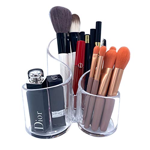 Makeup Brush Holder Organizer, 3 Slot Clear Large Wavy Acrylic Pen Pencil Holder, Desk Organizer, Large Capacity Cosmetic Brushes Storage Box