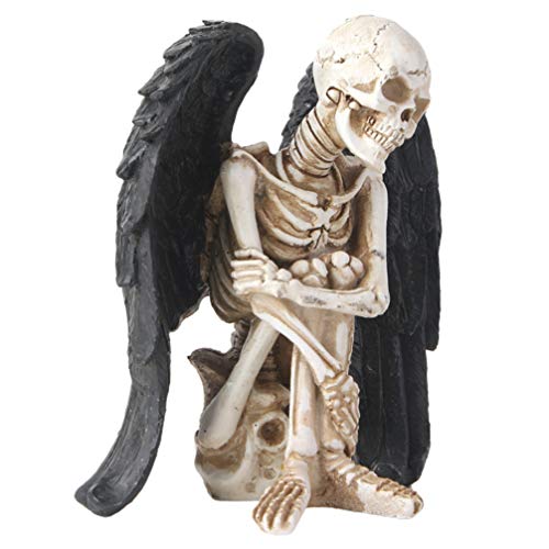 VOSAREA Resin Skeletons Statue Skull Collectible Figurine with Black Angle Wings Resin Figures Decoration for Home Shelves Porch Yard Garden Fireplace Mantle