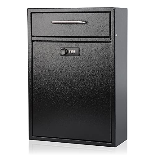 KYODOLED Steel Combination Lock Mail Boxes Outdoor,Locking Wall Mount Mailbox,Security Lock Drop Box,Collection Boxes,16.2H x 11.22L x 4.72W Inches,Black X Large