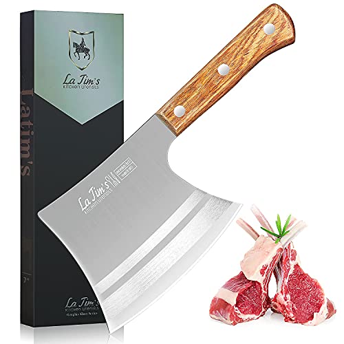 LA TIM’S Meat Cleaver Knife, 2 lb Heavy Duty Cleaver with Hand Forged High Carbon Steel, Butcher Knife for Chopping Bones, Solid Wood Handle