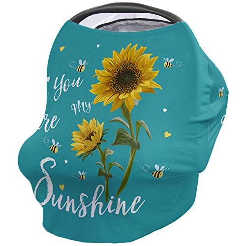 Sunflowers Baby Car Seat Covers, Nursing Cover Breastfeeding Scarf/Shawl, Infant Carseat Canopy, Stretchy Soft Breathable Multi-use Cover Ups, Bees You are My Sunshine Teal