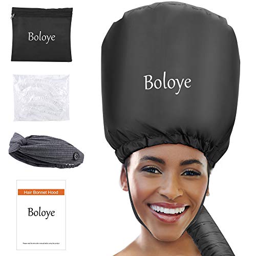 Bonnet Hair Dryer – Boloye Soft Bonnet Hood Hair Dryer Attachment with Heat Protector Headband to Reduces Heat Around Ears – Used for Curl, Hair Styling, Deep Conditioning and Hair Drying (Black)