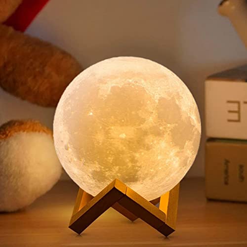 AED 3D Moon Lamp 2023 Upgrade Moon Light 16 LED Colors Moon Night Light with Wooden Stand & Remote/ Touch Control and USB Rechargeable Diameter 5.9 inch (Standard Size)