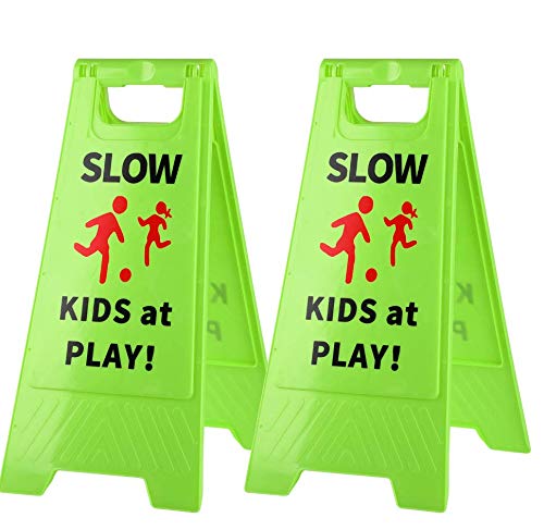 Slow Kids at Play Sign, Children at Play Safety Signs with Double-Sided Text and Graphics for Street Neighborhoods Schools Park Sidewalk Driveway (2-Pack Green)