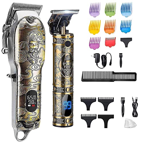 Suttik Haircut Clippers and Trimmers Set,Cordless Ornate Hair Clippers for Men Professional Barber Clippers for Hair Cutting Kit with T-Blade Beard Trimmer Set, Knight, LED Display(Gold)