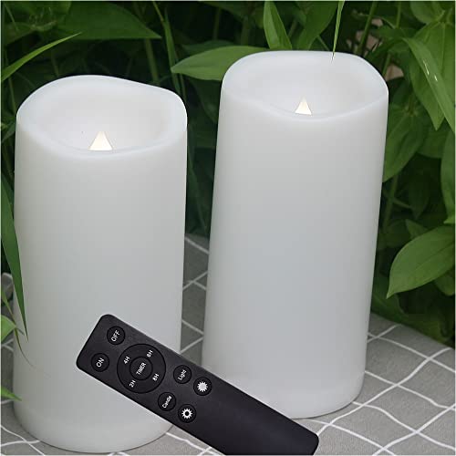 Outdoor Waterproof Large Led Flameless Candles with Remote Timer Long Lasting Battery Operated Plastic Electric Resin Pillar Candles For Home Garden Patio Xmas Wedding Party Decorations 4”X8” 2 Pack