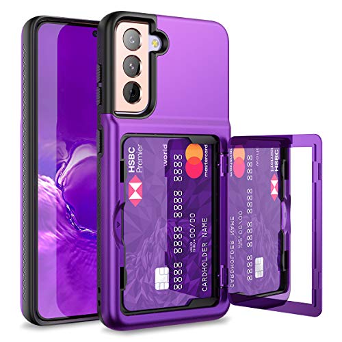 WeLoveCase for Samsung Galaxy S21 Wallet Case with Credit Card Holder & Hidden Mirror, Defender Protective Shockproof Heavy Duty Protection Phone Cover for Samsung Galaxy S21 5G, 6.2 inch Purple