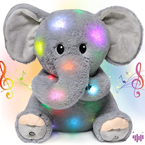 Hopearl LED Musical Stuffed Elephant Light up Singing Plush Toy Adjustable Volume Lullaby Animated Soothe Birthday Festival for Kids Toddler Girls, Gray, 11”
