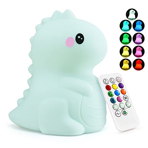 PAMANO Dinosaur Kids Night Lights -USB Rechargeable Animal Silicone Lamps with Touch Sensor and Remote Control -Portable Color Changing Glow Soft Cute Baby Infant Toddler Gift – (Green)