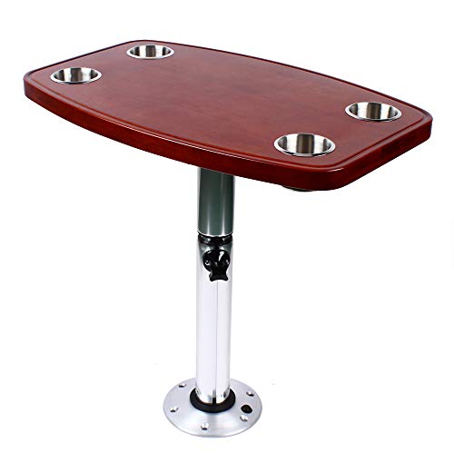 Boat Table, Varnished Removable Marine Table with 4 Cup Holders and Pedestal Base Mount Height Adjustable for Caravan RV Marine Boat, 24″ x 15″ Rectangle
