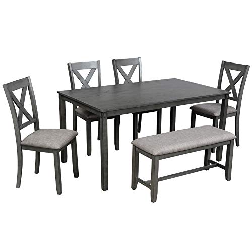 LUMISOL 6 Piece Farmhouse Dining Table Set with Bench for 6, Solid Wood Kitchen Dinner Table Set Kitchen Table Set with 4 Fabric Chairs and Bench