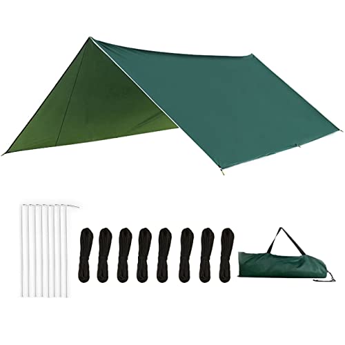 GallenJM Camping Tarp Waterproof, Hammock Tent Tarp, Perfect Canopy with 8 Ropes and Stakes, 10x10FT, for Camping, Hiking, Backpacking and Traveling (Green)