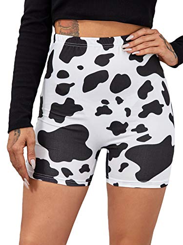 Romwe Women’s Cow Print High Waist Yoga Shorts Athletic Workout Running Biker Shorts Black and White L