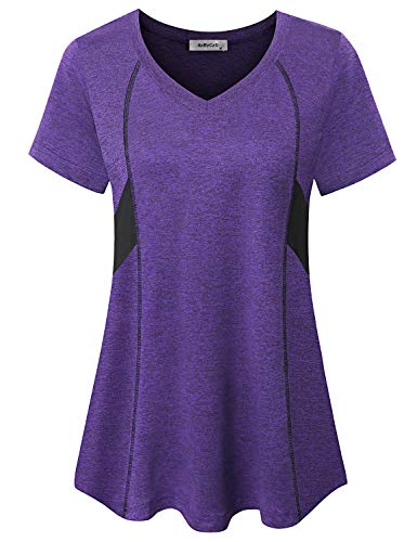AxByCzD Workout Shirts for Women Short Sleeve Athletic Sports Activewear Boutique V Neck Tops Practice Casual Relaxed Fit Tee Tennis Pilates Cycling Clothes Dark Purple Medium
