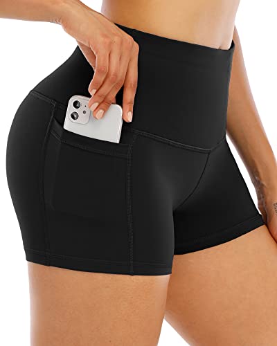 LZYVOO Spandex Shorts for Women with Pockets,Women’s High Waisted Yoga Workout Booty Shorts(3″ Black-M)