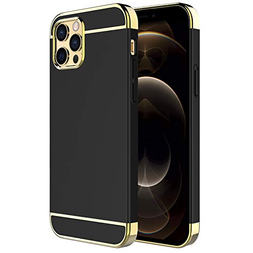 iPhone 12 Case,iPhone 12 Pro Case,RORSOU 3 in 1 Ultra Thin and Slim Hard Case Coated Non Slip Matte Surface with Electroplate Frame for Apple iPhone 12/12 Pro (6.1″)(2020) – Black and Gold