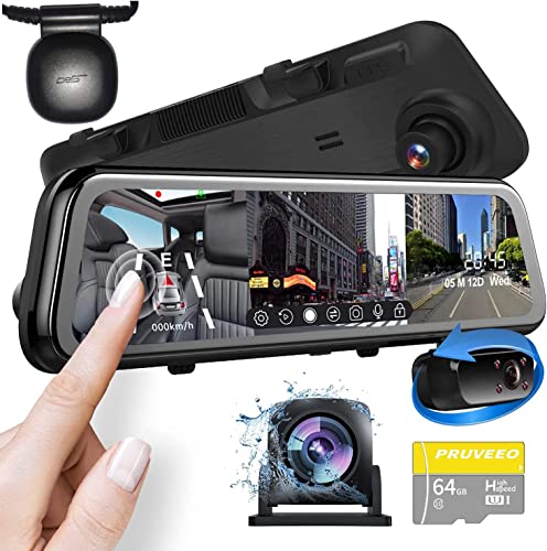 PRUVEEO 12” Triple Mirror Dash Cam, 2K+1080P+1080P Front Inside and Rear,3 Channel Full Touch Screen Rear View Mirror Camera, IR Night Vision(Sony Sensor), GPS, Parking Monitor, with 64GB Card