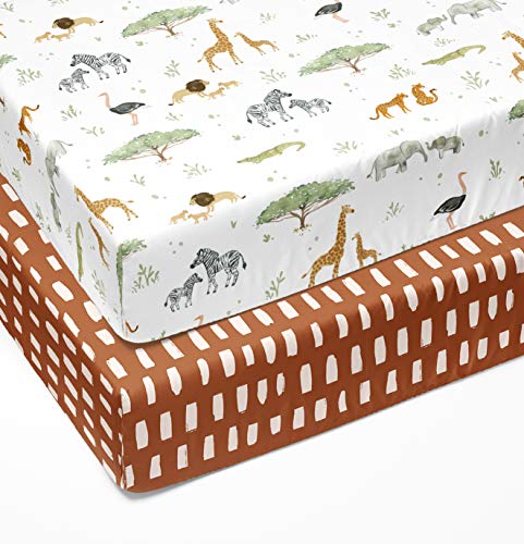 Sorrel + Fern 2-Pack Crib Sheet for Standard Crib Mattress (Safari Adventure) – Premium Fitted Sheets – Buttery Soft Cotton Blend