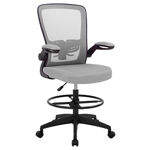 Drafting Chair Tall Office Chair Standing Desk Chair with Lumbar Support Height Adjustable Armrest Footrest Mid Back Swivel Rolling Mesh Computer Chair Drafting Stool Grey