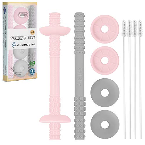 Teething Tube with Safety Shield Baby Hollow Teether Sensory Toys Gum Massager, Food-Grade Silicone for Infant 3-12 Months Boys Girls, 1 Pair with 4 Cleaning Brush Included (Two Types, Pink+Grey)