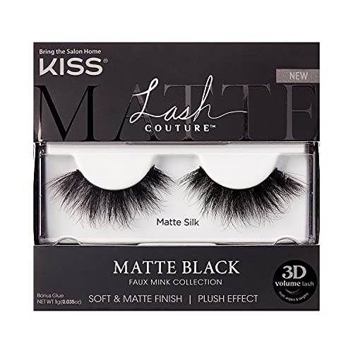 KISS Lash Couture Matte Black Faux Mink Collection, False Eyelashes 1-Pack, Soft Real Mink Texture & Matte Finish, High Impact Color, 3D Volume, Knot-Free Lash Band, Reusable, Matte Silk, 1 Pair