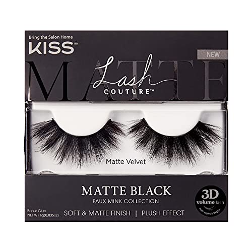 KISS Lash Couture Matte Black Faux Mink Collection, False Eyelashes 1-Pack, Soft Real Mink Texture & Matte Finish, High Impact Color, 3D Volume, Knot-Free Lash Band, Reusable, Matte Velvet, 1 Pair