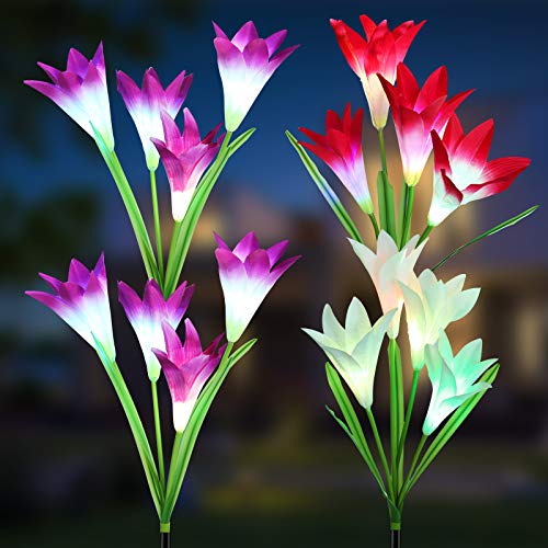 LYHOPE Solar Lights Outdoor, 4 Pack Solar Garden Stake Lights 7 Color Changing Landscape Lights Waterproof Solar Lily Flower Path Lights for Garden, Patio, Yard, Walkway Decoration