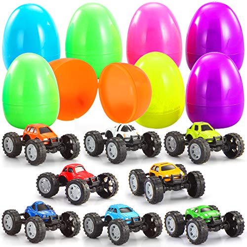 JOYIN 8 Pcs Prefilled Easter Eggs with Monster Truck Car Toys for Kids Boys Easter Eggs Hunt, Easter Basket Stuffers/Fillers, Filling Treats, Party Favor, Classroom Prize Supplies