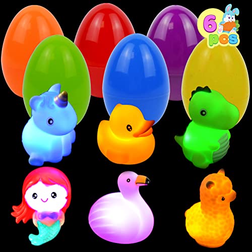 JOYIN 6 Pcs Pre-Filled Easter Eggs with Light-up Floating Bath Toys for Kids Toddler Easter Eggs Hunt, Easter Basket Stuffers/Fillers, Filling Treats, Party Favor, Classroom Prize Supplies