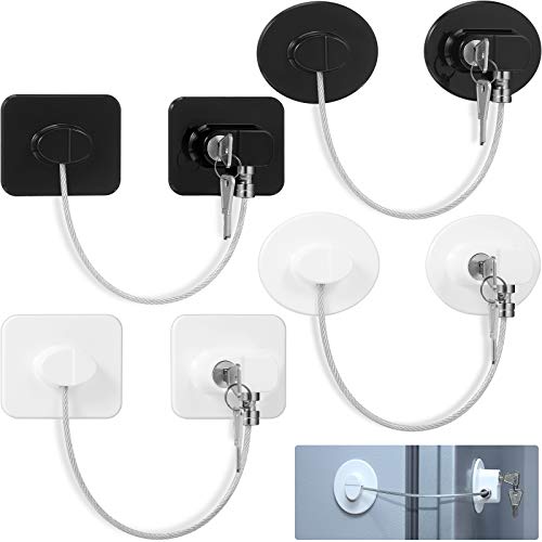 4 Pieces Fridge Lock Refrigerator Lock with 8 Key, Freezer Lock Child Safety Cabinet Lock with Adhesive for Kitchen Appliance, Openable Furniture, Sliding Closet, Drawer and Toilet Seat (White, Black)