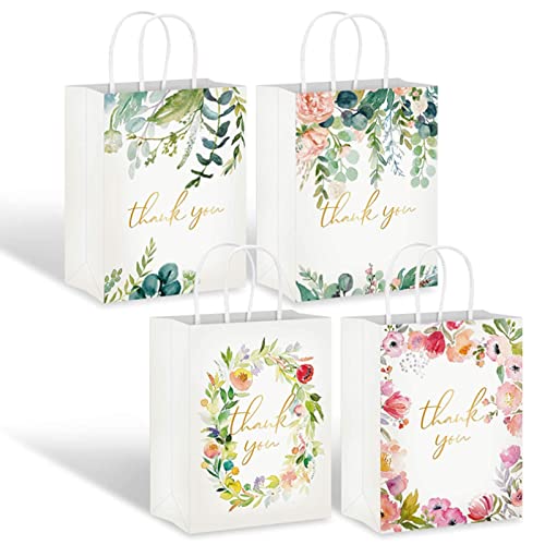 Whaline 16Pcs Thank You Gift Bags Floral Design Gift Bags with Handles Wedding Small Paper Bags for Business Shopping Boutique Gifts,Birthday Party,Baby Shower,Wedding Celebration,6.3 x 8.7 x 3.1in