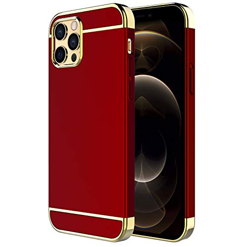 iPhone 12 Pro Max Case,RORSOU 3 in 1 Ultra Thin and Slim Hard Case Coated Non Slip Matte Surface with Electroplate Frame for Apple iPhone 12 Pro Max (6.7″)(2020) – Red and Gold